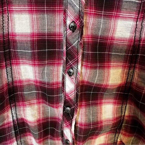 Guess Western Plaid Y2K Style Sheer Button Down Ruffled Blouse Red Black Sz XS - Picture 4 of 5